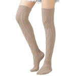 Leg Warmers, Cable Knit Long Boot Socks Winter Crochet Thigh High Stockings for Women, Beige