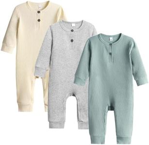 Bafeicao Baby Boy Girl 3 Pack Solid Romper Ribbed Long Sleeve Bodysuit Jumpsuit Infant Knitted Outfits Clothes, Beige+Light Grey+G Blue, Newborn