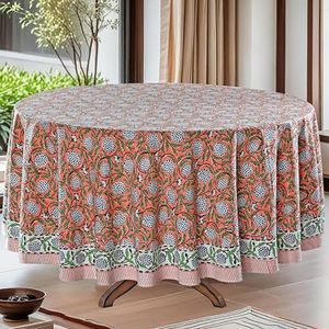 Ridhi Round Tablecloth Hand Block Print 100% Cotton Reusable Dark Salmon 120 Inch Table Cover Decorative Everyday Use for Dining, Home, Party, Wedding, Farmhouse, Party Gift for Spring, Mother's Day