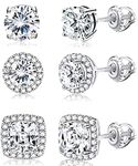 Jstyle 3Pairs 18K White Gold Plated Brilliant Simulated Diamond Halo Earrings Studs with Screw Back Round Square Cubic Zirconia Screw Back Earrings for Women Men Gift Box, Cubic Zirconia,