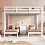 Kayan Triple bunk beds with side ladder for Children and Teens, safety rails, multiple beds with nightstands with three drawers, white, 140x200cm & 70x140cm