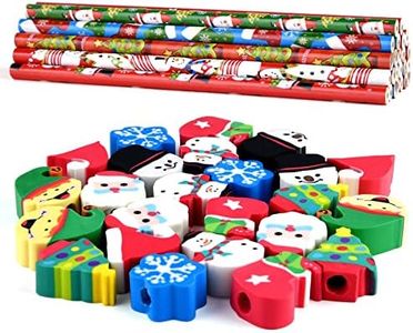PLULON 24 Pieces Christmas Pencils with 24 Pieces Cute Eraser Holiday Pencils with Christmas Elements of Santa Claus, Elk, Sleigh, Bell for Christmas Party Supplies Xmas Wood Pencils（Total 48 Pieces）