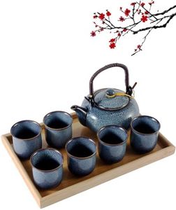 DUJUST Japanese Tea Set for 6, Kiln Altered Glaze Porcelain Tea Set with 1 Teapot, 6 Tea Cups & 1 Tea Tray, Unique Chinese Tea Set for Adults/Tea Lovers/Women/Men, Light Blue
