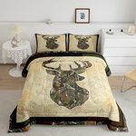 Erosebridal Hunting Deer Bedding Sets Queen Woodland Camo Antler Down Comforter Western Rustic Farmhouse Style Comforter Set for Cabin Lodge,Nature Conifer Oak Branch Quilt Duvet with 2 Pillow Cases