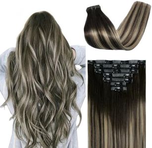 FUOTONBUTY Extension a Clip Cheveux Naturel Double Couture 7pcs, Extension Cheveux Naturel Clip, Extension Cheveux Clip Invisible 90g, Extension Cheveux (Brun Moyen à Blond Miel, 35cm)
