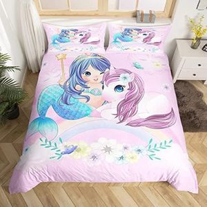 Ensemble de Literie Bleu Sirène pour Filles Housse de Couette Mignonne Licorne Housse Couette Les Enfants Rêvent Parure de Lit Arc-en-Ciel Féminin Couvre Lit Chic Fleuri 140x200,Décor de Chambre Rose