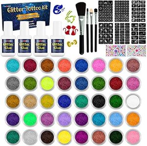 Temporary Glitter Tattoo Kit for Kids, 40 Colors Glitter, with 154 Stencils, 4 Glue, 4 Brushes, Body Glitter Make Up Kit, for Cosplay, Birthday Party, Festival Christmas