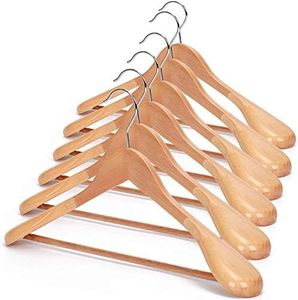 JS HANGER Wooden Suit Hangers, 6 Pack Extra-Wide Shoulder wood Coat Hangers with Non Slip Pant Bar, Extra Smooth and Splinter Free Natural Finish