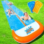 30FT Slip Lawn Water Slide, Extra Long Slip Splash and Slide for Kids and Adults Backyard, with 2 Sliding Lanes and 2 Inflatable Bodyboards with Central-pipe Sprinkler, Outdoor Summer Water Toy…