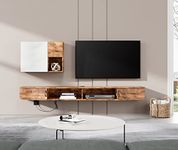 WAMPAT Floating TV Shelf with Power Outlet 70",Wall Mounted TV Stand, Media Console Stand with Doors, Entertainment Shelf for Living Room,Bedroom,Rustic Brown