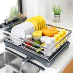 Dish Drying Rack for Kitchen Counter - Stainless Steel Dish Rack with Drainboard, Large Dish Drainer with Utensil Holder for Sink, Silver