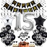 15th Birthday Decoration, Black Cake Decoration Birthday 15 Years Boy, Black and White Party Decoration, 15th Birthday Girl Boy, Cake Decoration 15th Birthday Boy Girl Birthday Decoration 15 Years Gir