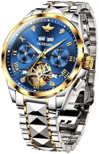 OLEVS Blue Automatic Watch for Men Skeleton Tourbillon Watches Self Winding Blue Gold Two Tone Gold Men's Wrist Watch Day Date Luxury Waterproof Luminous Mechanical Mens Watches
