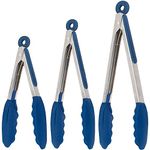 Blue Silicone Cooking Tongs - Set Of 3 Kitchen Locking Tongs- 18x23x30.5 CM - For BBQ Grill, Oven Baking, Salad Steak Vegetable Pasta, Fish Serving| BONUS Ebook| Stainless Steel W/ Silicone Tips