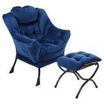 ISUDJUNT Armchairs for Living Room with Folding Footrest, High Back Bedroom Armchair and Foot Stool Set with Metal Frame, Upholstered Lounge Chair with Side Pocket Navy Blue