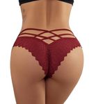 ROSVAJFY Women’s Sexy Floral Lace Panties Criss Cross Back Bikini Briefs Low Rise Cheeky Underwear Hollow Out Knickers Soft Stretchy Hipster Cute Thong G-String (Burgundy, M)