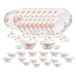 La Opala Diva Classique Collection Opal Glass Crockery | for Family of 8 | Dinner Set 53 pcs Aster Pink | Plates, Bowls & Cups for Dining | Microwave Safe | 100% Vegetarian | Extra Strong | White