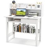 Tangkula White Computer Desk with Hutch, Home Office Writing Desk with Storage Shelves & Drawer, Modern Makeup Vanity Desk Kid’s Desk, Ideal for Working Studying (White)