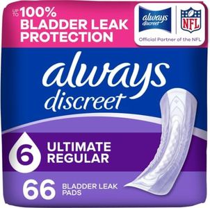 Always Discreet Adult Incontinence Pads for Women, Drier, 6 Drop Regular Length, Extra Heavy Absorbency, Pads for Bladder Control Management, Bladder Leaks, & Postpartum Pads, 66ct