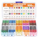 JOREST 100Pcs Car Fuse Assorted Kit, 56 Mini Blade Fuses + 44 Standard Fuses Automotive + 1 Fuse Puller – 11 Specifications Mixed Auto Fuse for Car/Caravan：2Amp 3A 5A 7.5A 10A 15A 20A 25A 30A 35A 40A