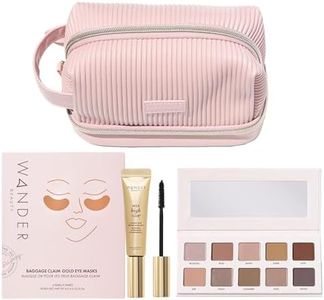 Wander Beauty Jetsetter Essentials Bundle with Makeup Bag, Gold Eye Masks, Mascara Jet Black, Eyeshadow Palette