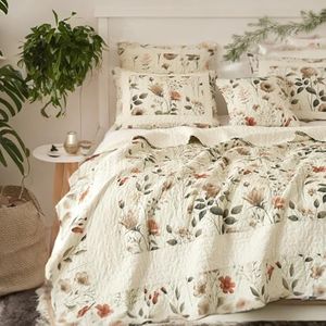 DaDalogy Enchanted Meadow 12-Pieces Bed in a Bag Set - Victoria Garden Delicate Floral Symphony in Beige, Rose, and Soft Green, Luxuriously Soft Quilted Complete Bedding Set - California King