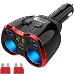 Cigarette Lighter Splitter Quick Charger 3.0, Qidoe 2-Socket Car Splitter Quick Charge 3.0 & USB C Car Charger 80W 12V/24V DC Outlet with LED Voltmeter for GPS, Dash Cam, Sat Nav, Phone, iPad, Table