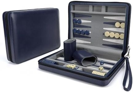 WE Games Backgammon Set, Board Games for Adults - Travel Games - Magnetic with Navy Blue Leatherette Backgammon Board and Carrying Strap - Travel Backgammon Sets for Adults