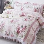 FADFAY,Romantic Flower Print Bedding Set,Floral Bed Set,Rustic Rural Bedding,Princess Lace Ruffle Duvet Cover California King King Queen Full Twin,4Pcs (King)