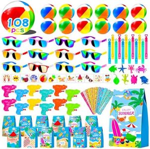 108Pcs Pool Party Favors and Beach Toys for Kids 3-8 8-12, Party Bag Stuffers Set with Beach Balls, Sunglasses, Bubble Wands, More for Pool Games Birthday Party Favors