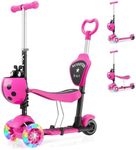 YOLEO 5-in-1 Children's Scooter with Removable Cartoon Basket, Seat, Push Bar, LED, Large Wheels, Comfortable Backrest, Height-Adjustable Handlebar for Toddlers, Boys and Girls from 2 Years, pink