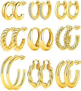 Adoyi 18K Gold Hoop Earrings Set for Women Gold Hoops Twisted Huggie Hoops Earrings Real Gold Plated for Girls Gift Lightweight 9 Pairs