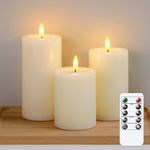 Yeelida Remote Flameless Flickering Pillar Candles with Candle Grease Effect,Pack of 3 Ivory LED Battery Oprated 2/4/6/8 Hours Timer Real Wax Electric Candles(7.5x10,12.5,15 cm)