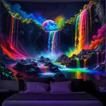 Simpkeely Blacklight Fantasy Waterfall Planet Tapestry UV Reactive Nature Tapestry Neon Landscape Mountain Wave Tapestry Wall Hanging - 51.2" x 59.1"