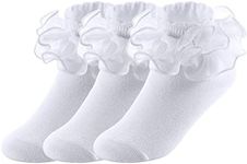 Yepami Big Girls Lace Socks Shimmering Cute Ruffle Comfortable Frilly Dress Ankle Socks 3 Pairs, White, 5-7 Years