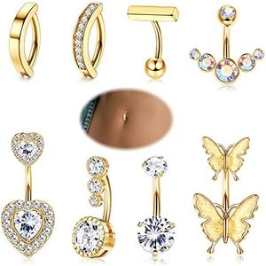 Kakonia 8Pcs Clicker Belly Button Ring for Women Surgical Steel CZ Heart Butterfly Belly Ring Simple Bar Reverse Curved Navel Rings Belly Barbell Piercing Jewelry 14G