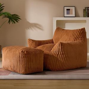Giant Plush Bean Bag Chair for Adults with Armrests and Footstool - Oversized Comfy Orange Beanbag Chaise Lounge Lazy Floor Sofa Chair for Living Room, Bedroom & Dorm, Cozy Fluffy Cloud Mini Couch