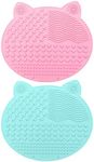 [2-Pack] Makeup Brush Cleaning Mat, Silicone Portable Brush Cleaner Pad Washing Tools with Suction Cups (Green+Pink)