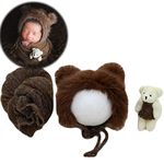 Zeroest Baby Photography Props Bear Hats Blanket Newborn Photo Shoot Outfits Infant Photos Hat Stretch Wrap (Coffee)