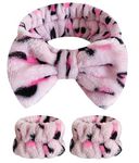 Wrahonbi 3PCS Spa Headband with Wristband Set,Makeup Headband, Bow Headband for Washing Face, Teen Girls Fuzzy Skincare Headbands, Hair Bands for Women Leopard Pink