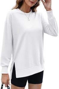 ECOWISH Women Side Split Sweatshirt: Fall Crewneck Long Sleeve Oversized Shirts Casual Loose Solid Pullover Tops Tunics 409 White XL