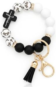 Elystara Black White Cross Silicone Beaded Keychain Wristlet for Women, Jesus Keychain with Tassel, Key Ring Bracelet for Car Keys, Religious Wristlet Keychain Gift