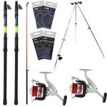 2x Beach Caster Sea Fishing Telescopic 12ft Rod & Reel Setup 20lb Red Line & Tripod | Feathers | Sea Rigs