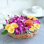 FlowerAura Love Hamper Includes Fresh Live 8 Yellow Rose & 8 Purple Flowers With Candle In Basket For Valentine's Day Gift, Birthday Gift, Anniversary Gift & Mother's Day Gift (Same Day Delivery)