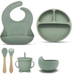 Calyrex Baby Weaning Set 6 pcs, Baby Food Set with Suction Bowl, Plates & Baby Spoon Adjustable Bibs First Meal Cutlery Set for Newborn Baby (Green)