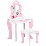 Qaba Kids Vanity Table & Chair Set, Girls Dressing Set, Make-up Desk with Drawer, Love Heart & Bow Patterns for 3-6 Years Old Children, Pink