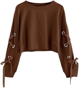 SweatyRocks Women's Casual Lace Up Long Sleeve Pullover Crop Top Sweatshirt Dark Brown Small