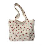 Strawberry Print Corduroy Zip Tote Shopper Handbag Shoulder Travel Bag (Beige)