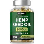 Hemp Seed Oil Capsules High Strength | 180 Count | 3000mg | Cold Pressed Supplement with Omega 3 6 and 9 | No Artificial Preservatives | by Horbaach