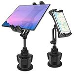 Car Cup Holder Tablet Mount & Phone Cradle Stand Truck for iPad Pro 9.7, 11, 12.9 Air Mini 5 4 3 2, Samsung Galaxy Tabs, iPhone 13 12 Pro, 4.7"-12.9" Smartphone Tab, Adjustable Long Arm, 360º Rotating